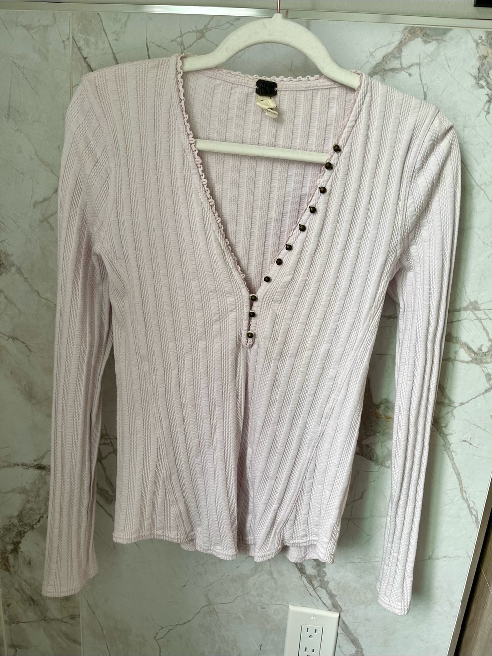 Free People Light Pink Ribbed V-Neck Button-Trim Long Sleeve Top